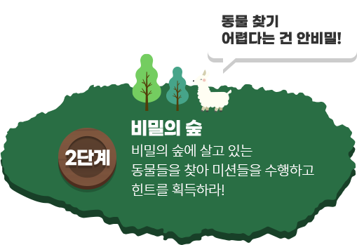 2단계 비밀의 숲 비밀의 숲에 살고 있는 동물들을 찾아 미션들을 수행하고 힌트를 획득하라!